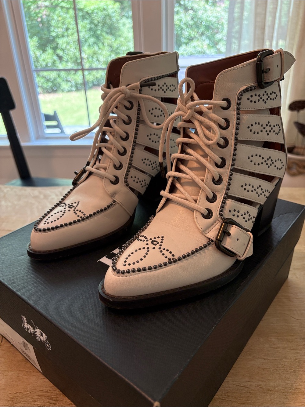 Coach Paisley Leather Studded Western Ankle Boots Chalk Size 6B w/ Box